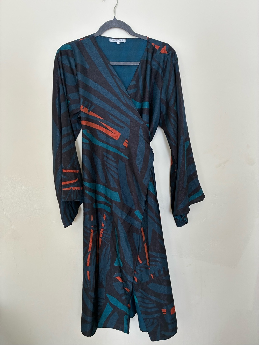Wrap-Style Abstract Print Dress in Teal & Rust by DIARRABLU